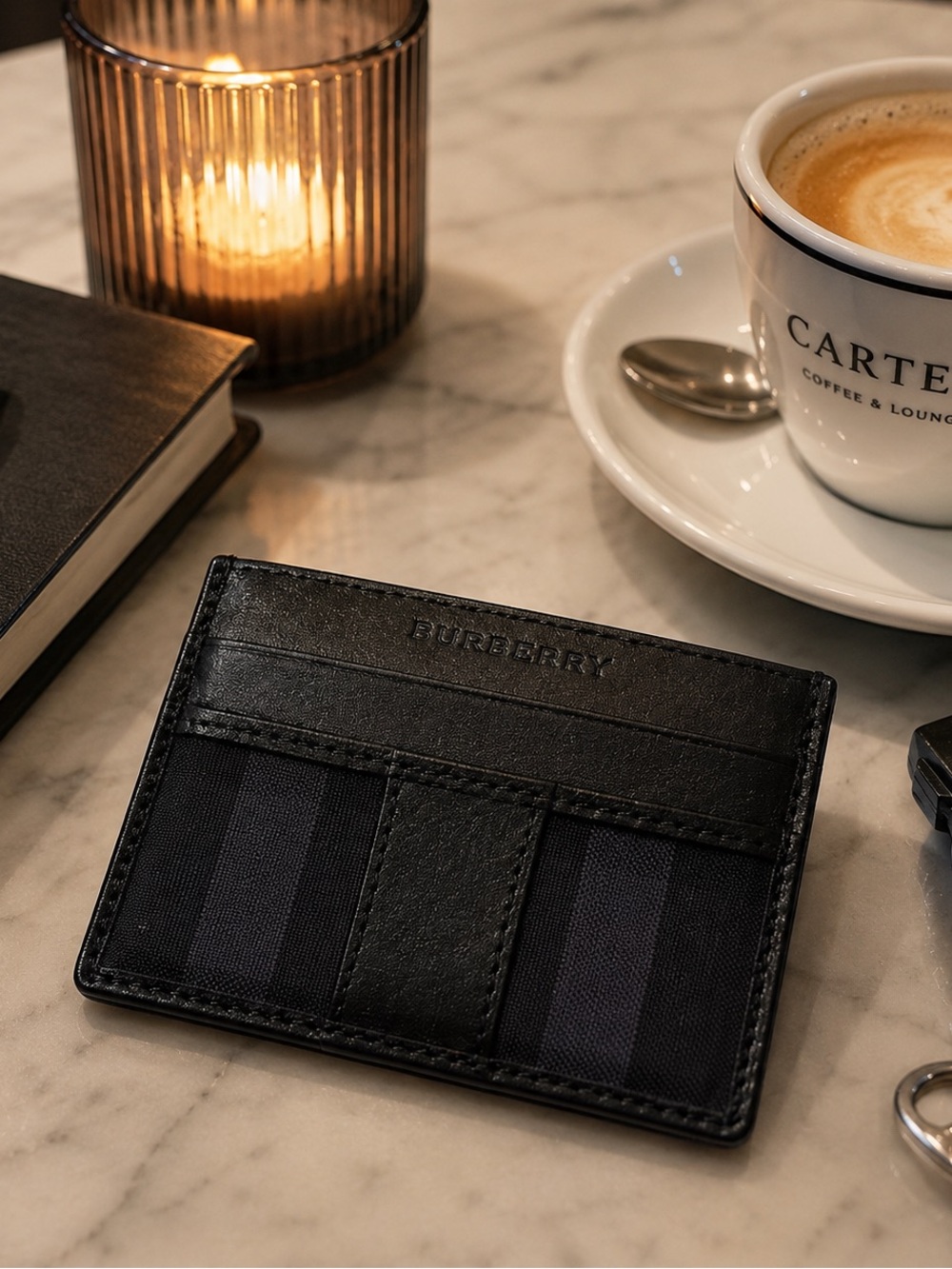 Burberry Black Leather & House Check Card Holder ID Wallet Made in Italy